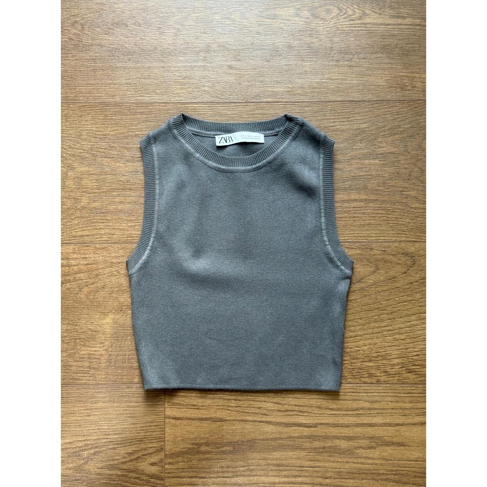 Zara Gray Knit Sleeveless Crop Top Crew Neck Ribbed Trim Size S